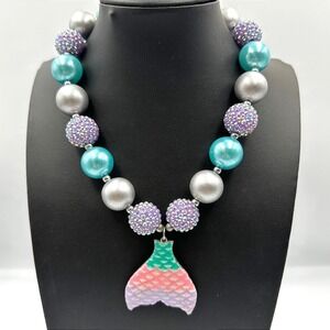 Vintage Chunky Bubblegum Bead Mermaid Tail Necklace Aqua Purple Kid Jewelry Gift
